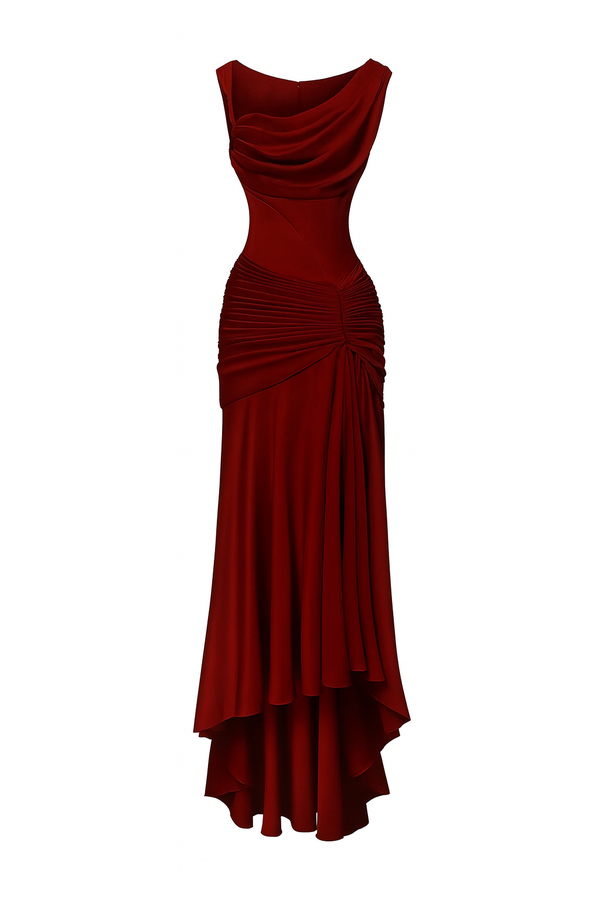 Crimson Luxe Draped Satin Evening Gown