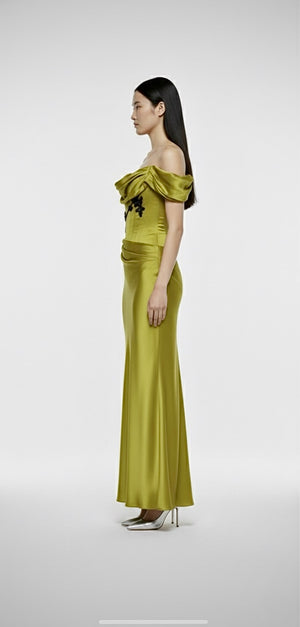 Olive Bloom Draped Satin Gown