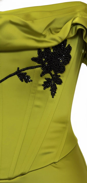Olive Bloom Draped Satin Gown
