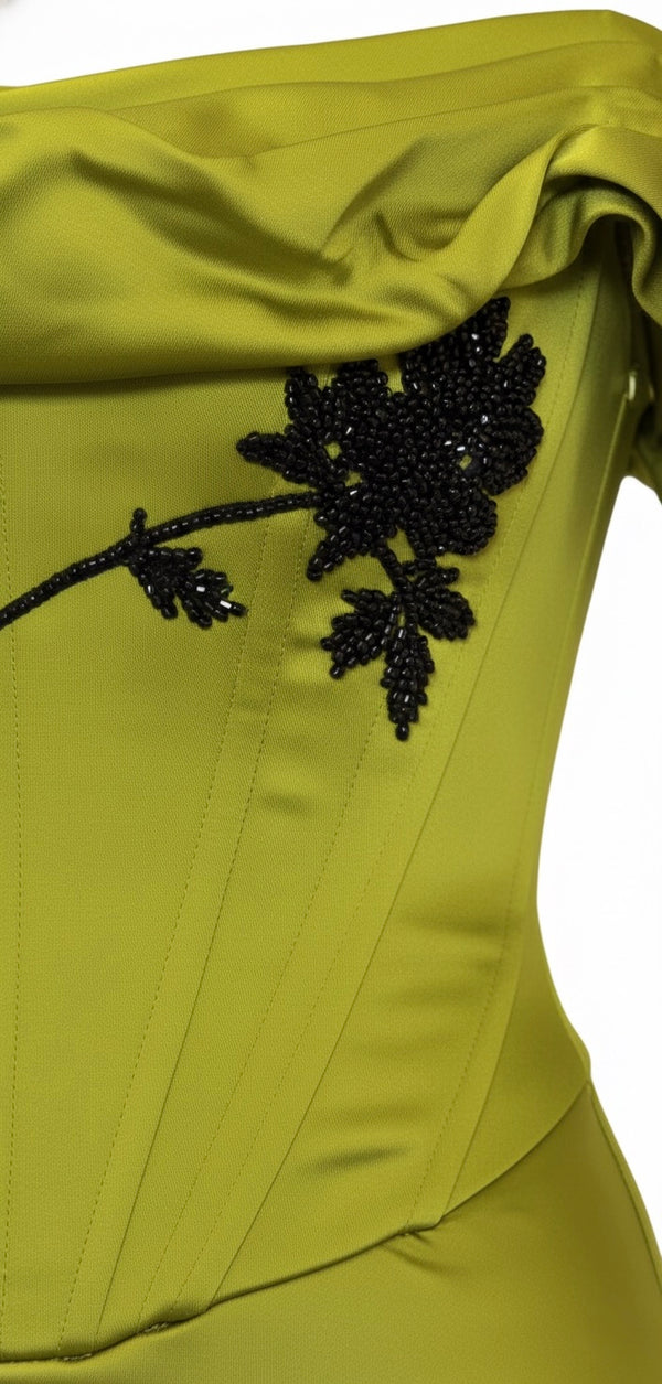 Olive Bloom Draped Satin Gown