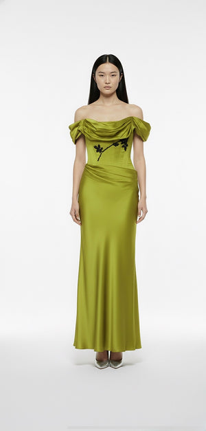 Olive Bloom Draped Satin Gown