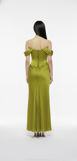 Olive Bloom Draped Satin Gown