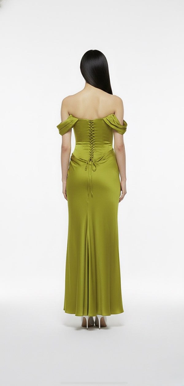Olive Bloom Draped Satin Gown