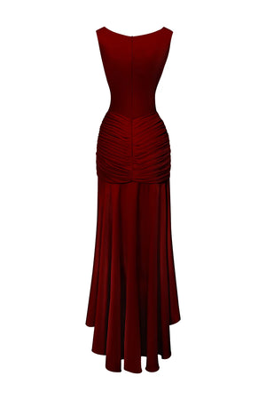 Crimson Luxe Draped Satin Evening Gown